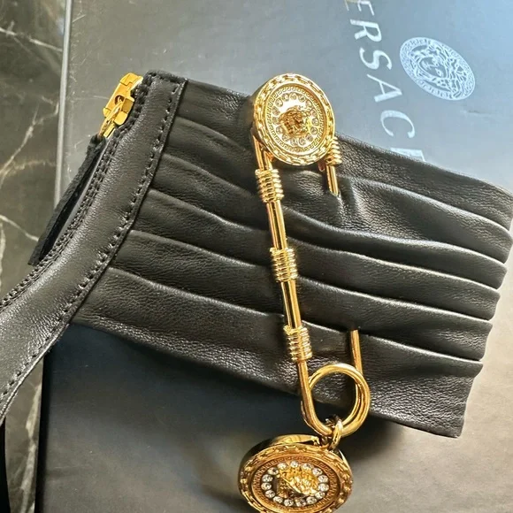 VERSACE bLack lamb leather sandals safety pin 36